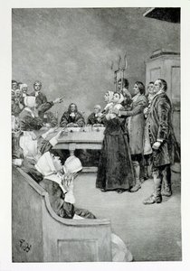 魔女の試練、メアリーE.ウィルキンスによる「Giles Corey、Yeoman」のイラスト、パブ。ハーパーの雑誌、1892年 作： Howard Pyle