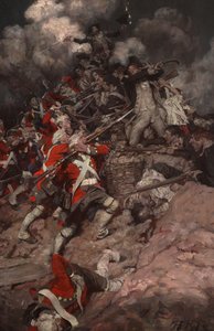 彼らは欄干をよじ登り、頂上を越えてイギリス軍に襲いかかった。 作： Howard Pyle