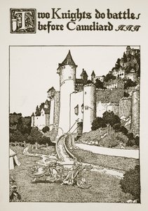 2人の騎士がカメリアードの前で戦います。「アーサー王と彼の騎士の物語」のイラスト、1903年 作： Howard Pyle