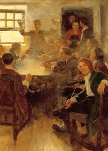 1679 年の学部生活、1897 年 5 月にスクリブナーズ マガジンに掲載されたエドワード S. マーティンによる「ハーバード大学の学部生活」より (キャンバスに油彩) 作： Howard Pyle