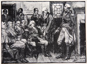 1783年3月15日、協議中のワシントンとその将軍、ハーパーズマガジンのイラスト、1883年 作： Howard Pyle
