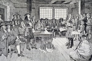 ウィリアムペンと入植者との会議、「ウィリアムペンのアメリカへの最初の訪問」パブのイラストハーパーの週刊誌、1883年 作： Howard Pyle