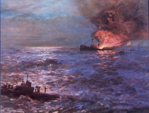第2次世界大戦中、ドイツのUボートに砲撃された商船（カラーリトグラフ版 作： Howard Russell Butler