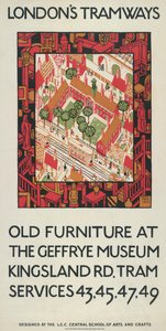 「ジェフリー博物館の古い家具」、ロンドン カウンティ カウンシル LCC トラムウェイのポスター、1924 年 作： Howard Spear