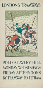 「エイブリー ヒルのポロ」、ロンドン カウンティ カウンシル LCC トラムウェイのポスター、1923 年 作： Howard Spear