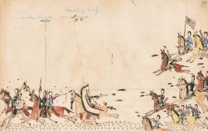 雲の下でハウリングウルフが1868年にサリー大将と戦う、現在のキャンプ供給近くの第7ケイビー、1874-75（ペン、台帳上のインクとトイレ） 作： Howling Wolf