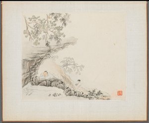 古い詩を描いた風景画のアルバム：1700年代、ロッキーオーバーハングの下に横たわる男。