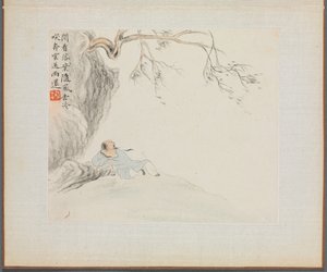 古詩山水帖 垂れ下がった枝に寄りかかる男 作： Hua Yan