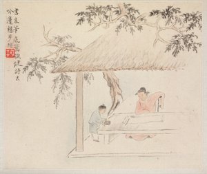 古詩を描いた風景画の帖：開いた巻物の前のテーブルに座る男。 インクを混ぜる少年