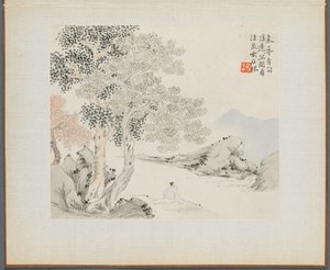 山水画帖 古歌絵帖 三大木 土手に座る翁の小川 作： Hua Yan