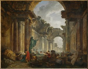 Vue imaginaire de la Grande Galerie du Louvre en ruinesルーヴル宮殿の大ギャラリーの廃墟の想像図。