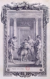 ピエール・コルネイユ(1606-1684)の悲劇「シナ」または「アウグストゥスの慈悲」、グラヴェロ(1699-1773)のエングレーヴィング 作： Hubert Francois Gravelot