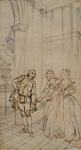 紳士とインテリアの 2 人の女性との文学的なイラスト 作： Hubert Francois Gravelot