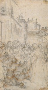 男に懇願する人物のグループによる文学的なイラスト 作： Hubert Francois Gravelot