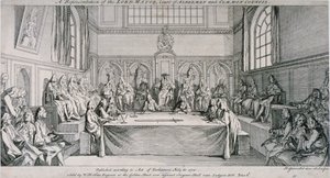 1750年、シティ・オブ・ロンドンのギルドホール会議室での会議。                                       作： Hubert Francois Gravelot
