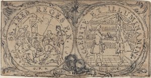 東方の賢者と 2 人の愛書家の崇拝が記された装飾用メダリオン 作： Hubert Francois Gravelot