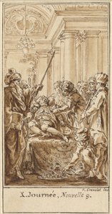 10 日目、9 番目の物語: サラディンが眠るトレッロに豪華な贈り物を贈る 作： Hubert Francois Gravelot