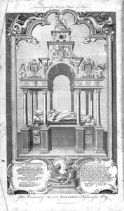 ジョンゴールダーによって1786年に刻まれたウェストミンスター寺院のエリザベス女王の記念碑、ラパンの「イングランドの歴史」のイラスト