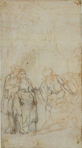 未確認の文学的なイラストで、横たわっている人物を囲む人物のグループが描かれています