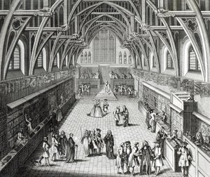 ウェストミンスターホール、学期の最初の日、風刺的な詩、C。モズレーにより1797年に彫刻 作： Hubert Francois Gravelot