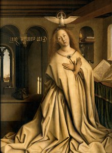 聖母受胎告知の詳細、ゲントの祭壇画の右側のパネルの外側から 作： Hubert & Jan van (1390 1441) Eyck