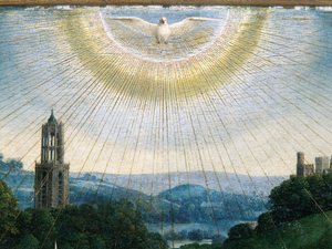 ゲントの祭壇画の「神秘の子羊の礼拝」の細部 作： Hubert & Jan van (1390 1441) Eyck