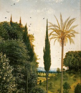 ゲントの祭壇画の右側から見た聖クリストファーに導かれた巡礼者の詳細 作： Hubert & Jan van (1390 1441) Eyck