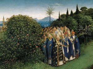ゲントの祭壇画の中央パネルからの神秘的な子羊の崇拝の詳細（パネルに油彩） 作： Hubert & Jan van (1390 1441) Eyck