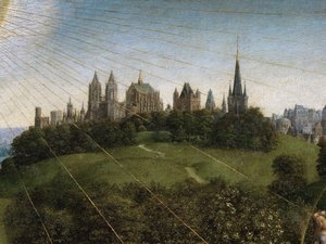 ゲントの祭壇画の中央パネルからの神秘的な子羊の崇拝の詳細（パネルに油彩）