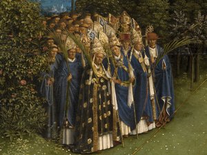 ゲントの祭壇画の中央パネルからの神秘的な子羊の崇拝の詳細（パネルに油彩） 作： Hubert & Jan van (1390 1441) Eyck