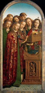 ゲントの祭壇画の左翼からの歌う天使 作： Hubert & Jan van (1390 1441) Eyck