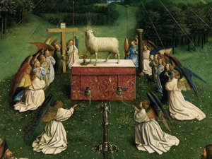 ゲントの祭壇画からの神秘的な子羊の崇拝、中央パネルの下半分の詳細