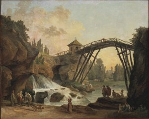 メリヴィルの公園で木造の橋を描いているアーティスト、1790年頃 作： Hubert Robert