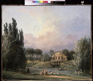 公園で。 ヒューバート ロベール (1733-1808) による絵画、キャンバスに油彩、1770-1780 年頃、フランスの芸術。 国立博物館アルハンゲリスコエ エステート、モスクワ。 作： Hubert Robert