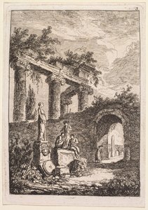 ローマの夕べ: 廃墟の前の像 作： Hubert Robert