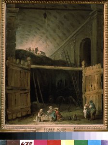 大聖堂の干し草の納屋。 ヒューバート ロベール (1733-1808) による絵画、キャンバスに油彩、1790 年頃、フランスの芸術。 州立 A. プーシキン美術館、モスクワ。 作： Hubert Robert