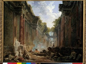 廃墟と化したルーヴル美術館大回廊の想像図 ユベール・ロベール（1733-1808）による絵画 18世紀 日。0.32×0.4m