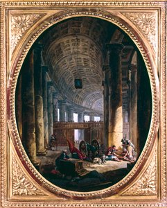 「1769年のコンクラーベの時のローマ、サン・ピエトロ大聖堂の列柱の内部」 作： Hubert Robert