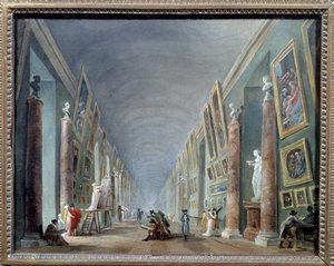 La grande galerie du Louvre between 1801 and 1805 絵画：ユベール・ロベール（1733-1808）日。0,37 x 0,46 パリ、ルーヴル美術館 - 1801年から1805年の間のルーヴル美術館の大広間。ユベール・ロベール（1733-1808）作の絵画、0.37 x 0.46。ルーヴル美術館 パリ 作： Hubert Robert