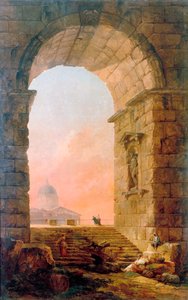 ローマのアーチとサンピエトロ大聖堂のある風景」、1773年。 作： Hubert Robert