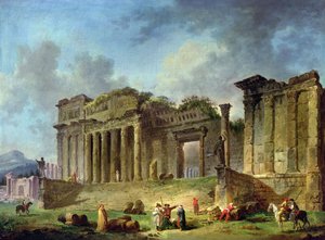 古典的な寺院の遺跡をスケッチする男性（油彩・キャンバス） 作： Hubert Robert
