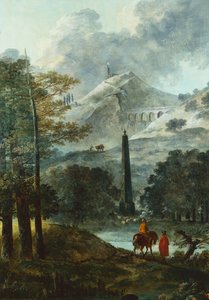 オベリスクのある山岳風景（キャンバスに油彩） 作： Hubert Robert