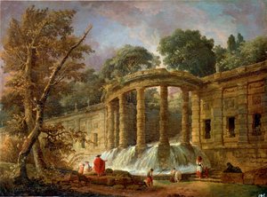 カスケードのあるパビリオン、1760年。 作： Hubert Robert