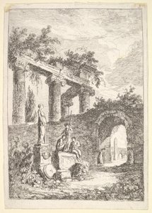 プレート3：廃墟の前の像：像の3人の人物の隣にある像...、ca。 1763-64。 作： Hubert Robert
