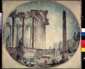 「古代遺跡とオベリスク」水彩画 ヒューバート・ロバート (1733-1808) 作 1776年 A. プーシキン美術館、モスクワ、ロシア 作： Hubert Robert