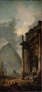 ピラミッドのある遺跡。 ヒューバート ロバート (1733-1808) の絵画、キャンバスに油彩 作： Hubert Robert