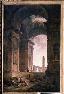 オベリスクのある遺跡。 ヒューバート ロバート (1733-1808) の絵画、キャンバスに油彩 作： Hubert Robert