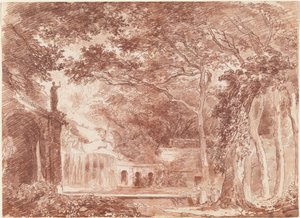 ティヴォリのエステ家別荘の庭園にある楕円形の噴水 作： Hubert Robert
