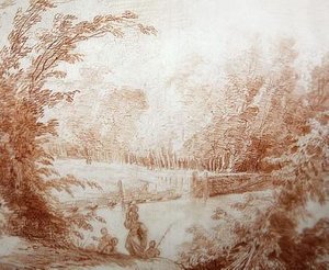 クローデ＝アンリ・ワテレのカントリーハウス「ル・ムーラン・ジョリ」の庭（紙に赤チョーク） 作： Hubert Robert