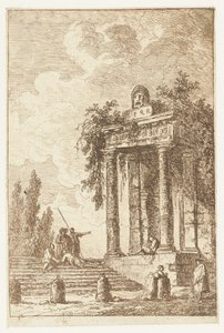 国境の4本の柱がある階段 Les Soirees de Rome (シリーズタイトル) Roman Faces` (シリーズタイトル) 作： Hubert Robert